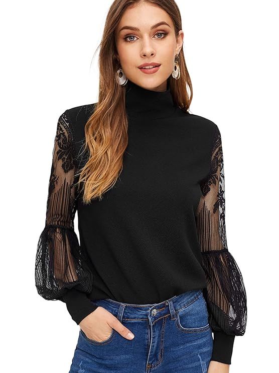 Floerns Women's High Neck Lace Lantern Long Sleeve Top Blouse | Amazon (US)