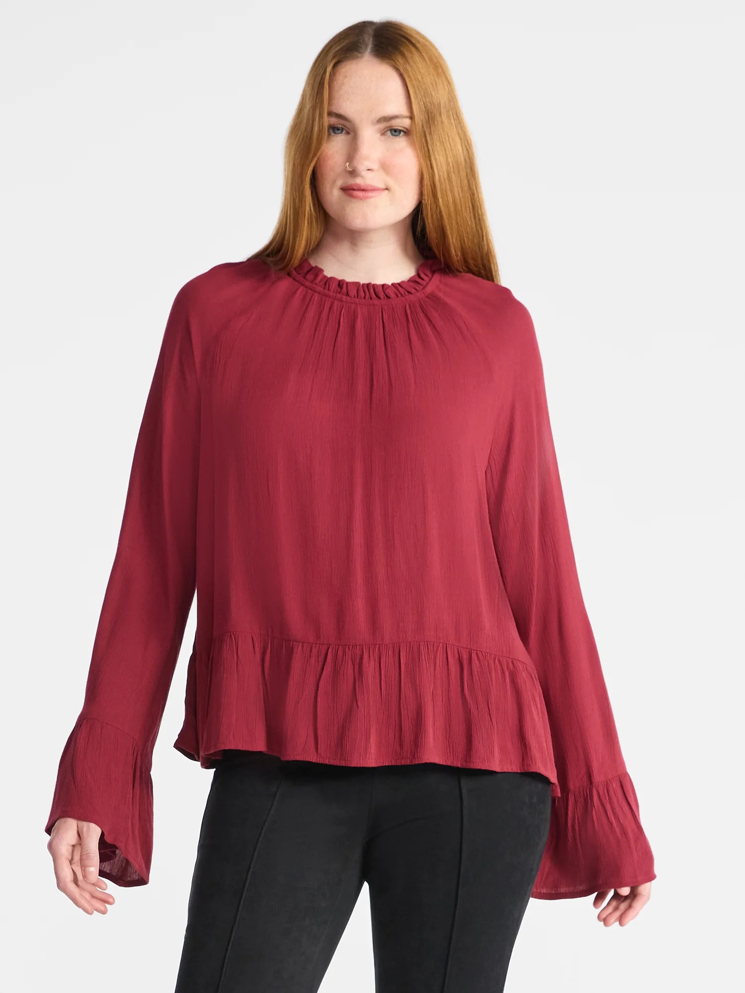 Time and Tru Women's Flowy High Neck Blouse, Size XS-XXXL | Walmart (US)