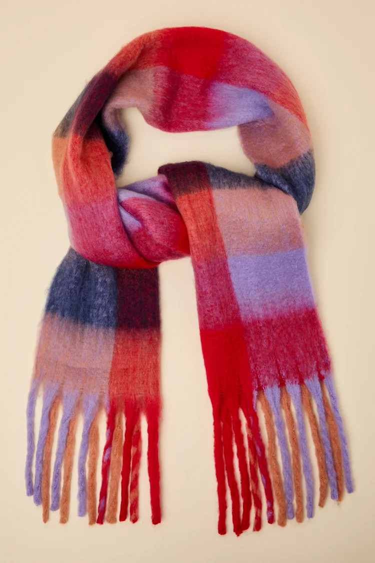 Fayden Berry Red Multi Plaid Oversized Fringe Scarf | Lulus