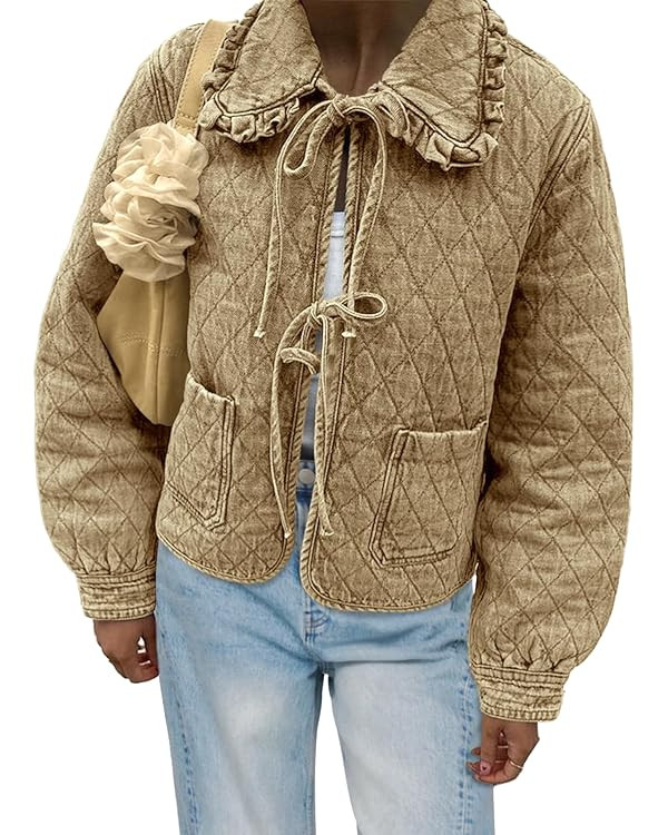 Tankaneo Womens Quilted Denim Puffer Jackets Tie Front Bow Cropped Puffy Jackets Fall Cute Short ... | Amazon (US)