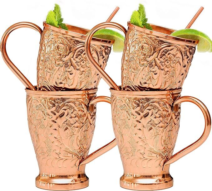 Kamojo Moscow Mule Cups Set of 4 - Premium Moscow Mule Copper Mugs with Unique Embossed Design & ... | Amazon (US)
