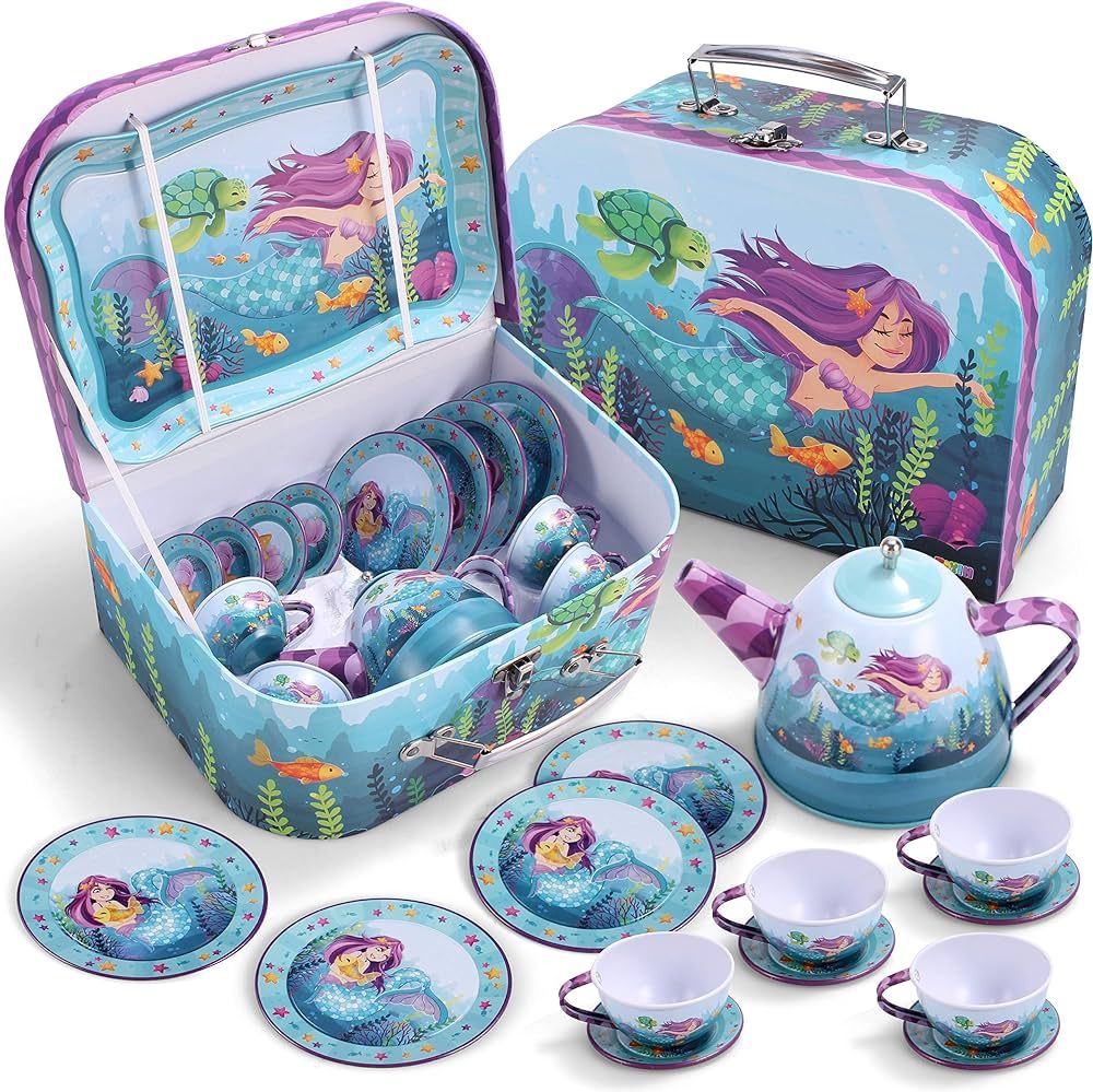 JOYIN Mermaid Tea Party Set for Little Girls, Pretend Tin Teapot Set, Princess Tea Time Play Kitc... | Amazon (US)