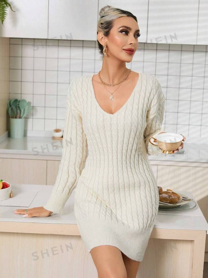 SHEIN Privé Cable Knit Drop Shoulder Sweater Dress | SHEIN