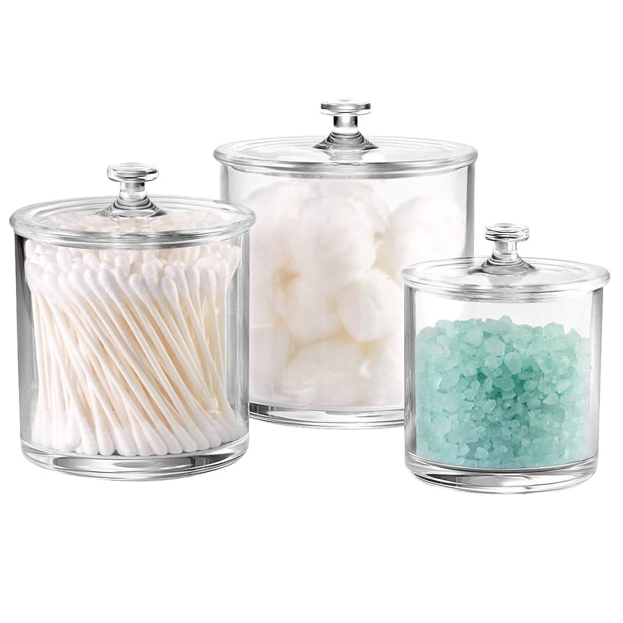 3 Pack Premium Acrylic Qtip Holder Apothecary Jars Bathroom Vanity Organizer Canister for Cotton ... | Amazon (US)