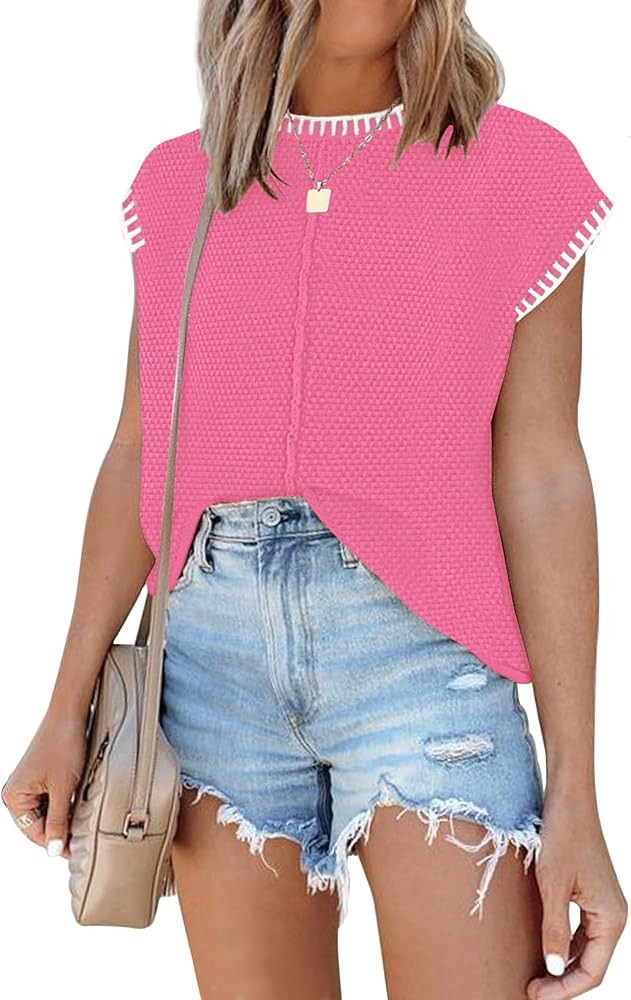Waffle Knit Sweater Shirts for Women Cap Sleeve Summer Tops Basic Tank Tops | Amazon (US)