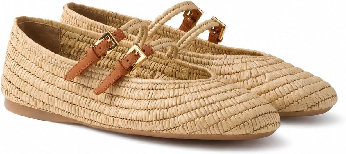 Women's Raffia Woven Mary Jane Flats Round Toe Ballet flat Yellow Shoes | Amazon (US)