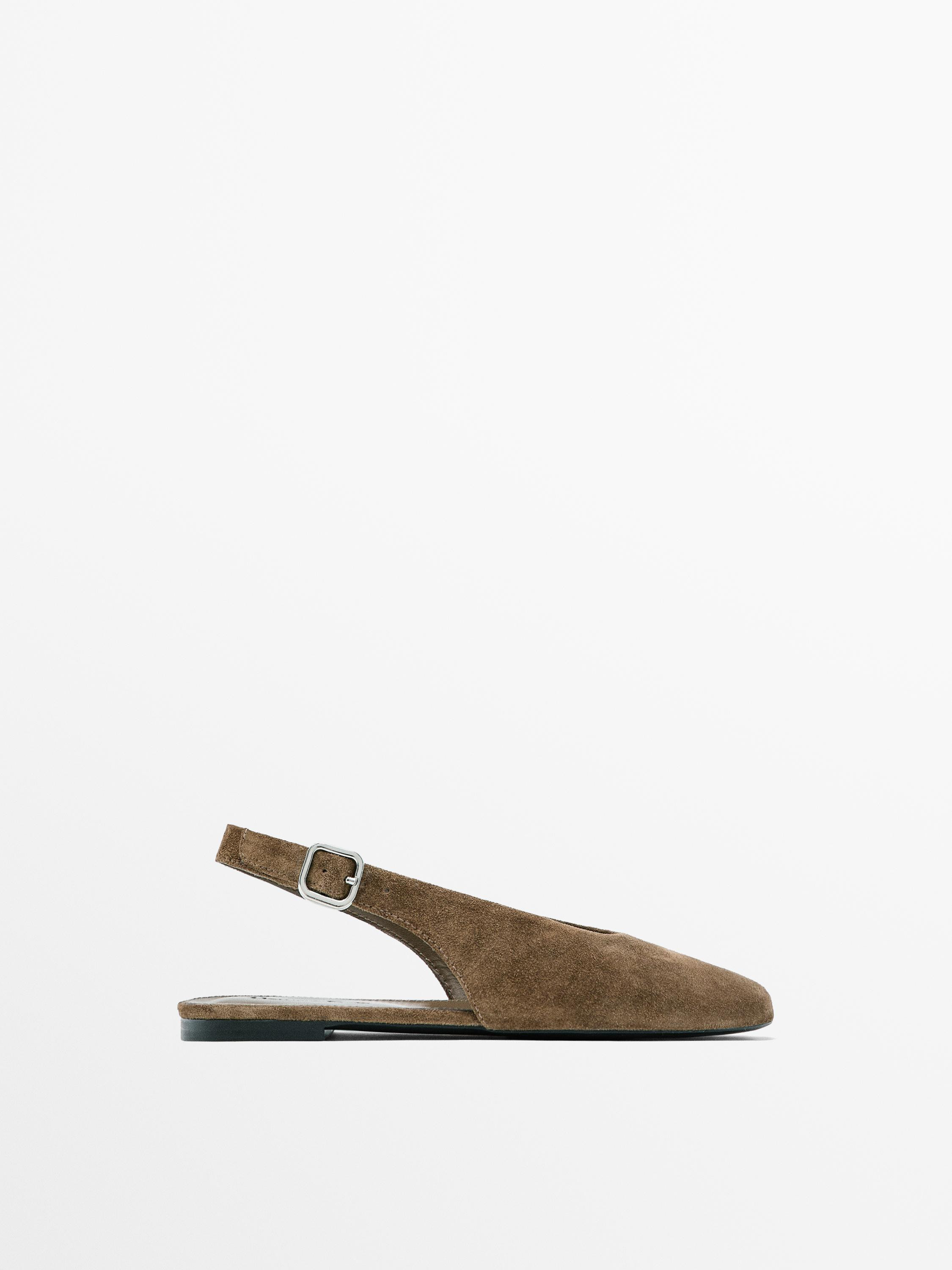 Split leather slingback ballet flats | Massimo Dutti US