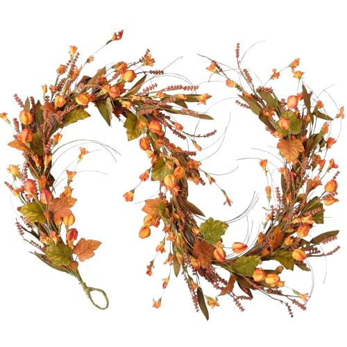 Fall Leaves Garland - 82" Autumn Orange Maple Floral Wreath with Forsythia for Front Door, Harvest Thanksgiving Halloween Decor - Ideal for Indoor & Outdoor Use | Amazon (US)