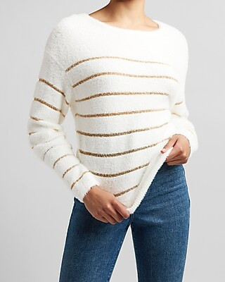 Fuzzy Metallic Striped Crew Neck Sweater | Express