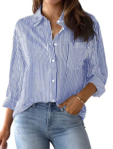 AISEW Womens Button Down Shirts Striped Classic Long Sleeve Collared Office Work Blouses Tops with Pocket (Blue, 7002S) | Amazon (US)