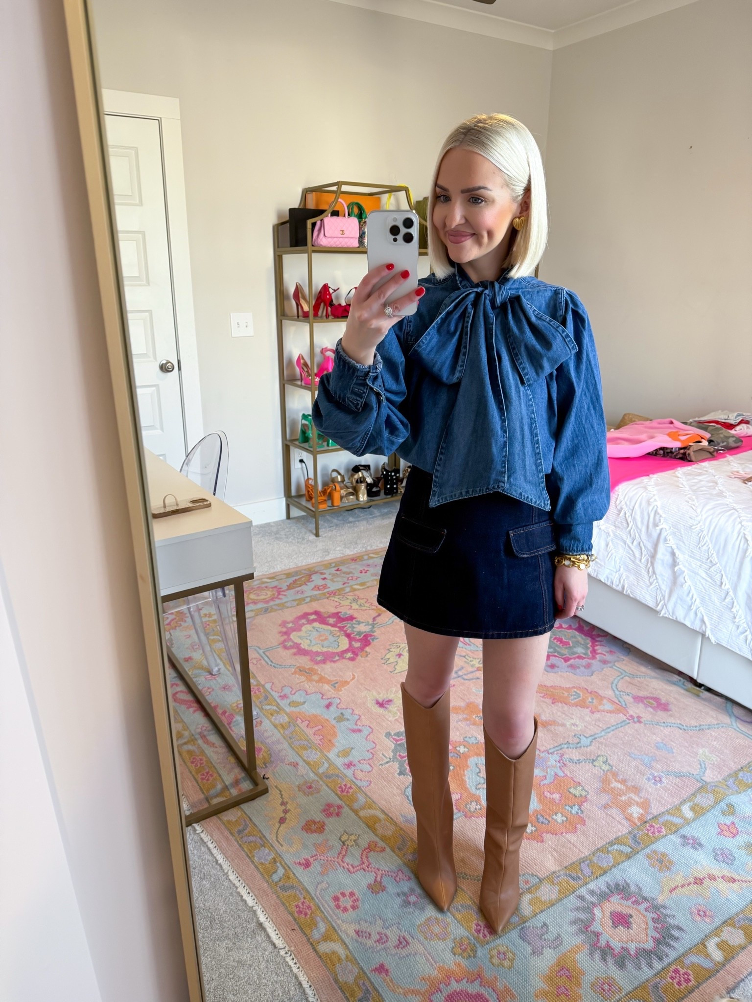 LOOK FOR LESS - denim bow tie blouse / denim pussybow blouse / Walmart fall fashion

#LTKPetite