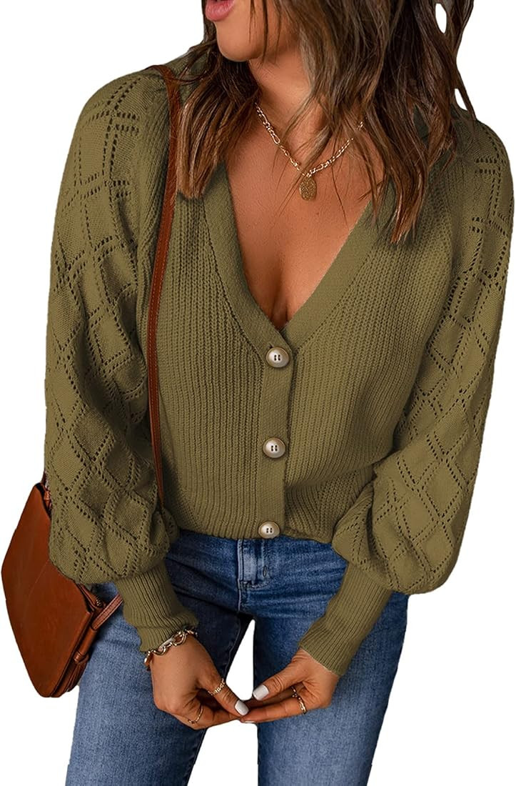 EVALESS Cardigan for Women V Neck Crochet Patchwork Long Sleeve Button Down Solid Knit Cardigan S... | Amazon (US)