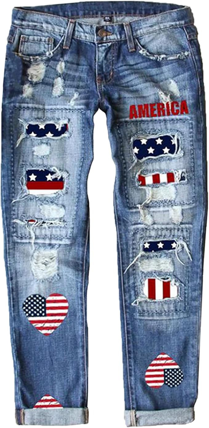 Womens Boyfriend Jeans Stretchy Ripped Distressed Heart American Flag Denim Pants | Amazon (US)