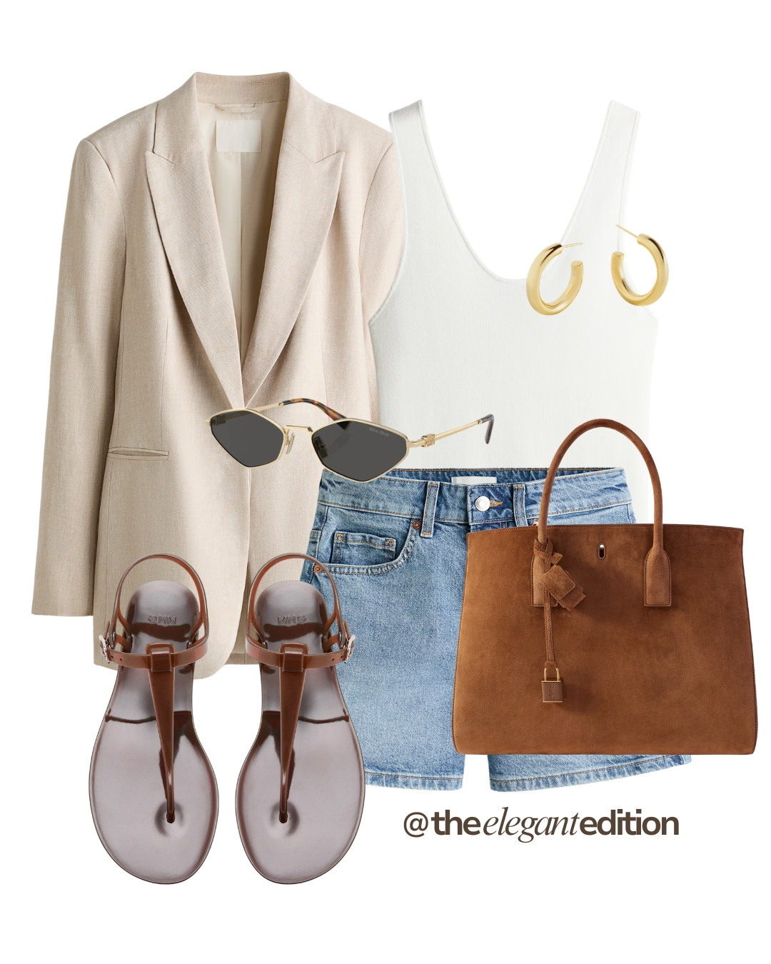 BLAZER & DENIM SHORTS - The perfect casual chic spring/summer combo. A neutral linen blazer, denim shorts, white tank and brown suede tote for everyday #blazer #denimshorts #sandals #LTKspring #LTKsummer #LTKstyletip 

 #LTKeurope #LTKsummer #LTKstyletip