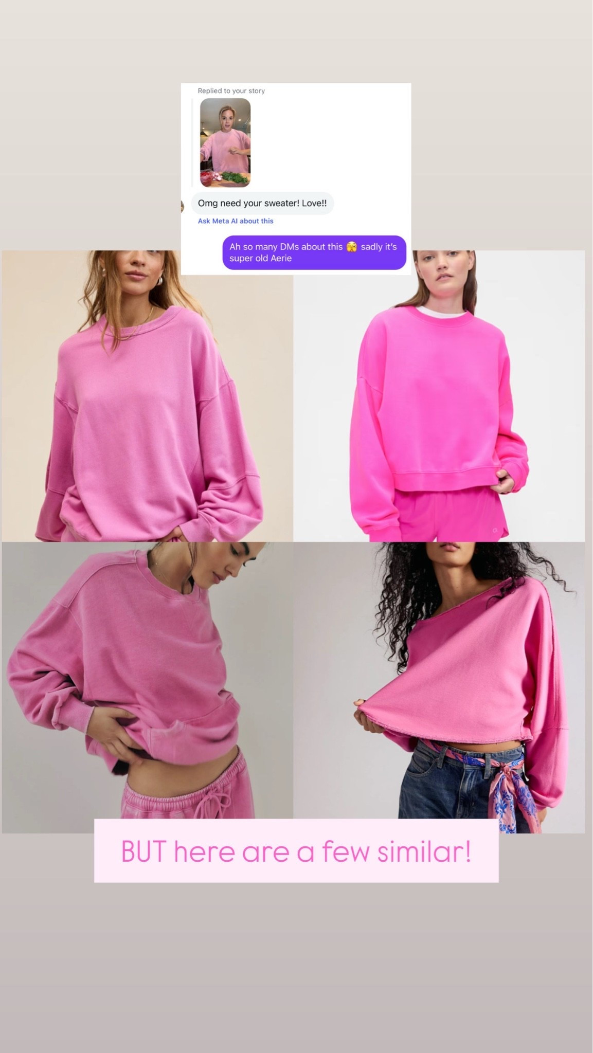 any time I wear this pink sweatshirt I get DMs asking where from, mine is superrrrr old Aerie, but here are a few similar in similar color and style
