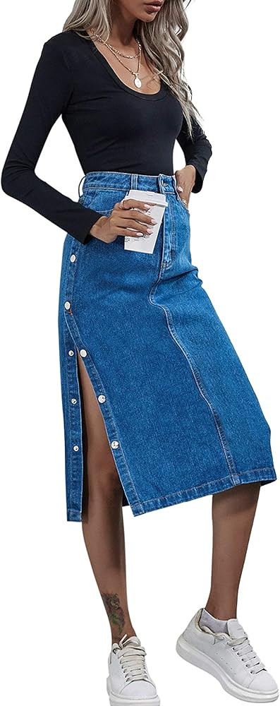 ELSTAROA Women's Casual High Waisted Solid Button Up Denim Jean Skirt | Amazon (US)
