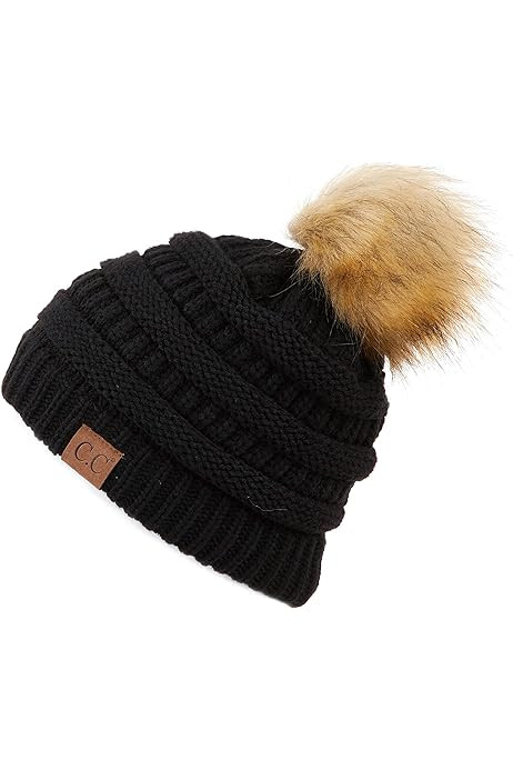 C.C Thick Cable Knit Faux Fuzzy Fur Pom Fleece Lined Skull Cap Cuff Beanie | Amazon (US)
