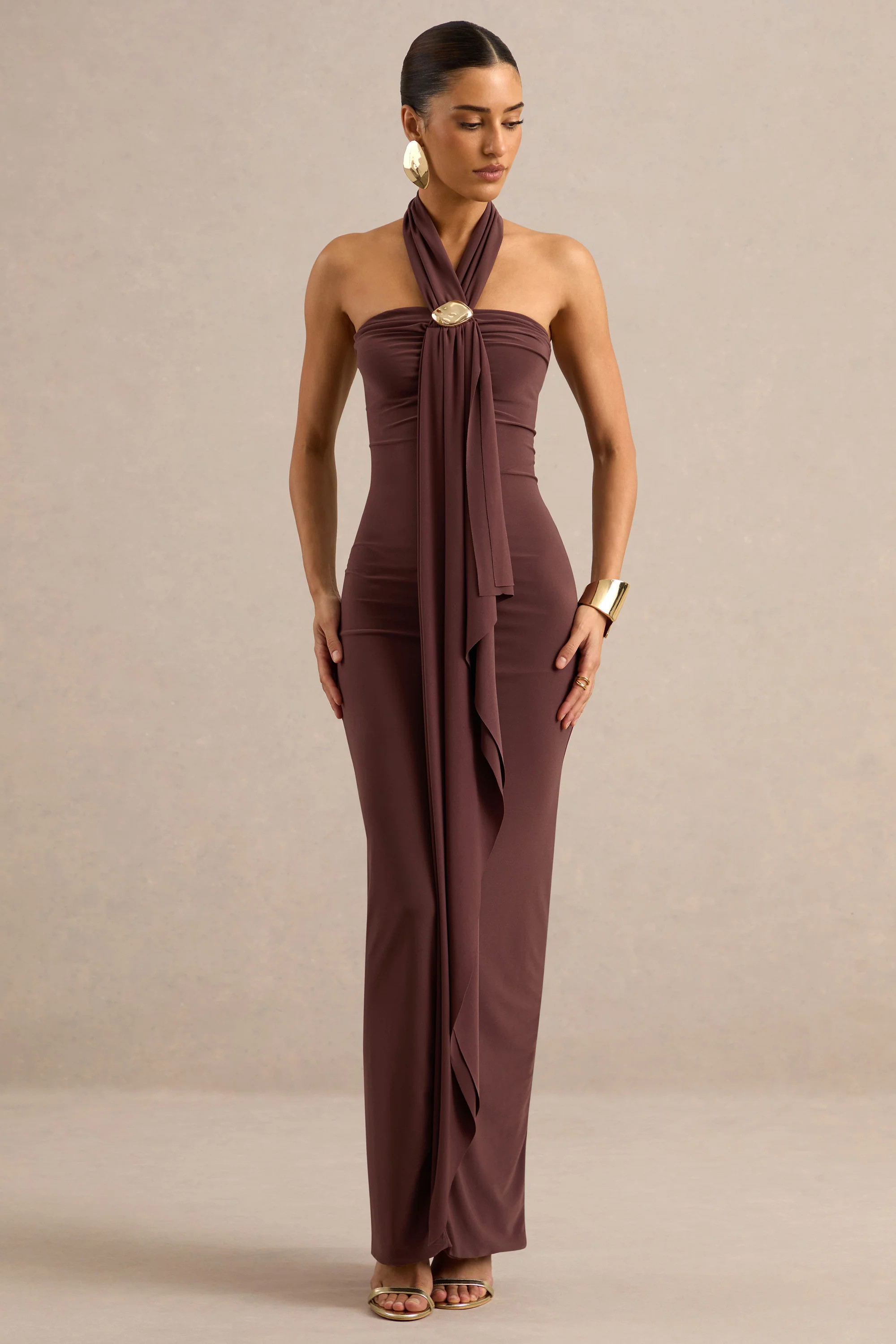 Delaina | Dark Brown Halter-Neck Maxi Dress With Gold Detail And Sash | Club L London