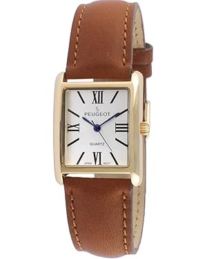 Peugeot Women's 14K Gold Plated Tank Leather Dress Watch with Roman Numerals Dial | Amazon (US)