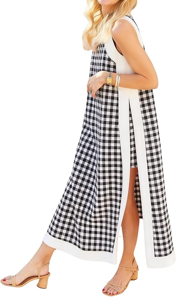 Hooever Women's Plaid Two Piece Sets Casual Summer Sleeveless Gingham Maxi Dress Matching Shorts | Amazon (US)