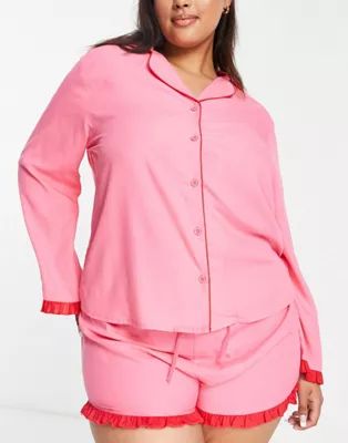 ASOS DESIGN Curve mix & match modal pajama set with contrast frill in pink & red | ASOS (Global)