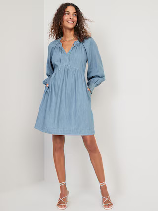 Puff-Sleeve Non-Stretch Jean Mini Poet Swing Dress for Women | Old Navy (US)