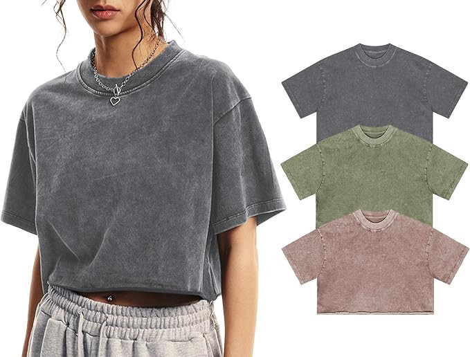 Womens Oversized Vintage T Shirts Casual Cropped Tees Short Sleeve Cotton Acid Wash Tops Summer G... | Amazon (US)