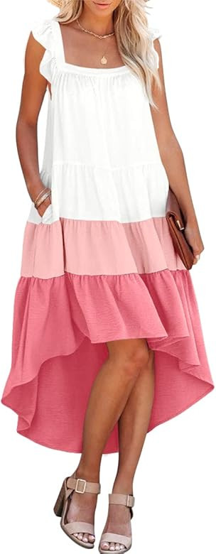 Prinbara 2022 Women's Summer Midi Dress Sleeveless Ruffle Sleeve Colorblock Solid Loose Fit Flowy... | Amazon (US)