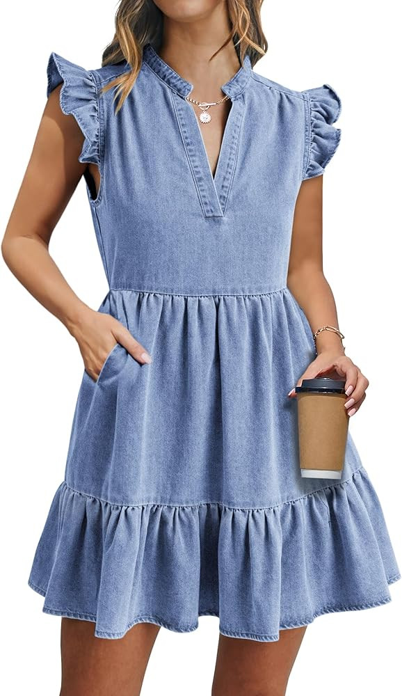 POTILI Denim Dress for Women Ruffle Short Sleeve V Neck Jean Mini Dress with Pockets | Amazon (US)