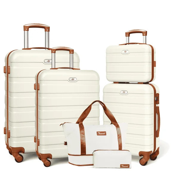 6 Piece Luggage Sets, with Travel Duffle Bags, Lightweight ABS Hard Suitcase, White Tan | Walmart (US)