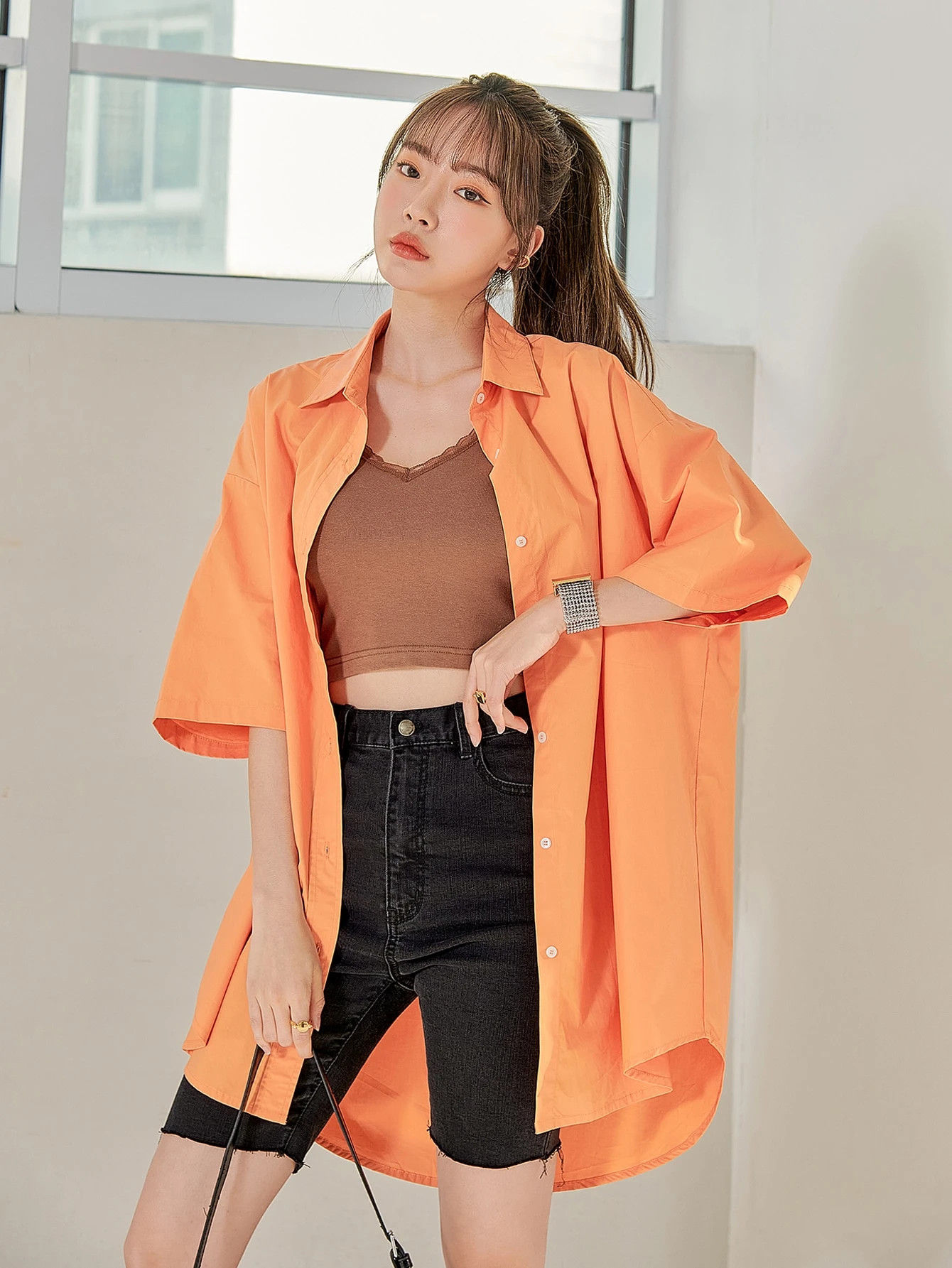 DAZY Drop Shoulder Solid Button Up Blouse | SHEIN