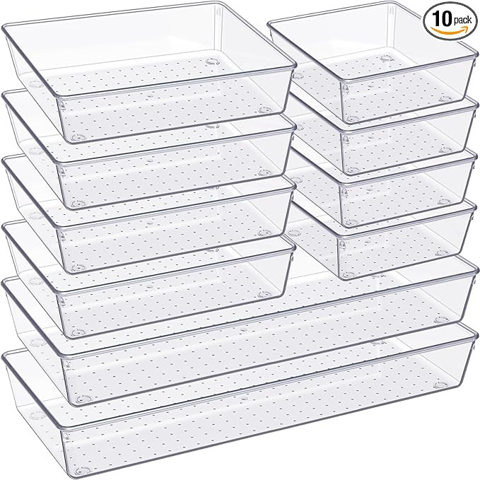 Criusia Drawer Organizer, 10 Pack Large Clear Plastic Set, 3 Size Versatile Bathroom and Vanity O... | Amazon (US)
