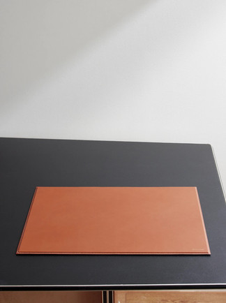 Ralph Lauren brown leather desk blotter with stitched edges on a desk