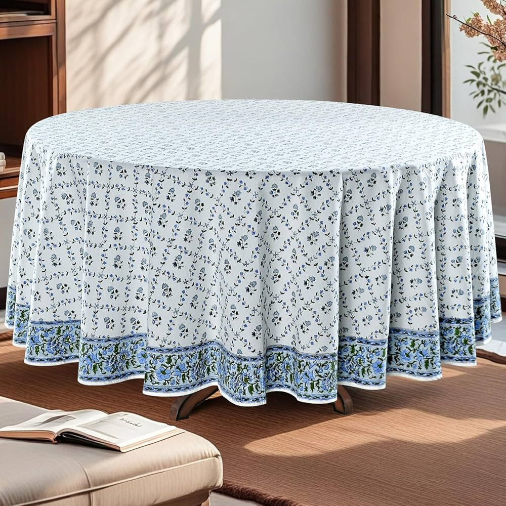 Ridhi Powder Blue 100% Cotton Round 132 Tablecloth Hand Block Print Washable Reusable Table Cover... | Amazon (US)