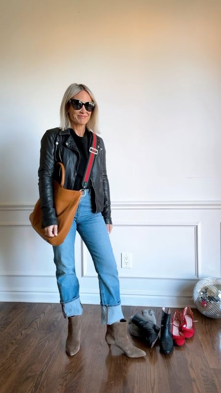 Straight leg jeans- I sized down to a 23 in regular length so I could cuff 
Leather jacket on sale with code LTK20 and LETSGO

Boots, monogrammed bag, outfit inspo, what to wear, Fall Outfit

#LTKsalealert #LTKover40 #LTKstyletip
