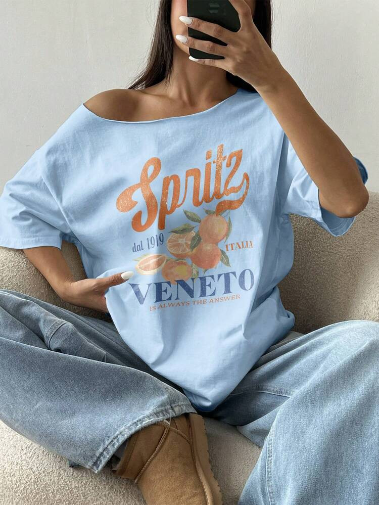 Flirla Plus Size Women's Asymmetric Neck Loose T-Shirt, Cocktail Fruit Orange Y2K Style Oversized... | SHEIN