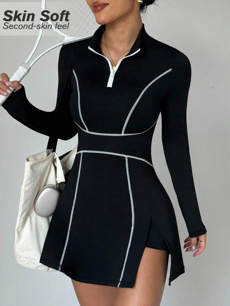 Dewbera Women's Elastic Comfortable Contrast Color Sports Dress, Suitable For Outdoor Sports Training Tennis Dress Long Sleeve | SHEIN