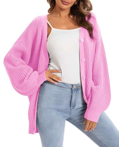 QUALFORT Cardigan Sweaters for Women Open Front Long Sleeves Cardigan Sweater Fall Outfits for Women 2026 Pink X-Large | Amazon (US)