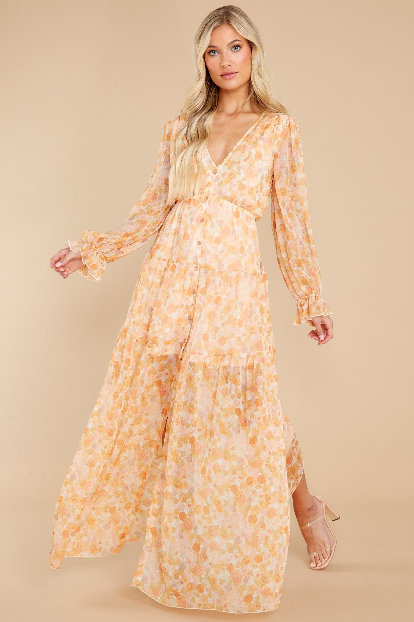 Ready To Flourish Peach Floral Print Maxi Dress (BACKORDER FEBRUARY) | Red Dress 