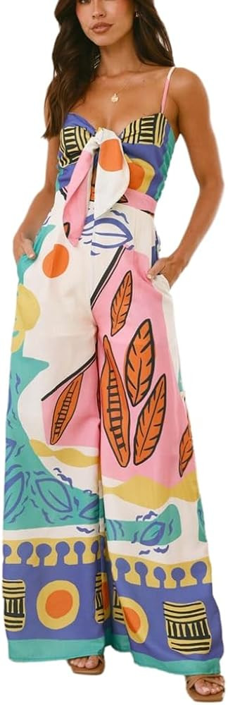 Wuitrie Floral Jumpsuits for Women Boho Sleeveless Tie Up Front Wide Leg Jumpsuit Summer Jumpsuit... | Amazon (US)
