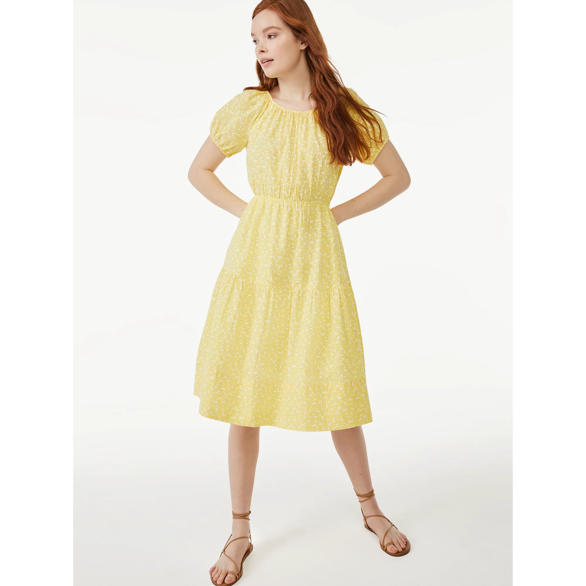 Free Assembly Women's Short Sleeve Peasant Midi Dress | Walmart (US)