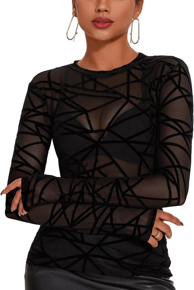 AKEWEI Womens Mesh Long Sleeve Tops Crew Neck Sexy See Through Tee Shirts Party Club Night Lace B... | Amazon (US)