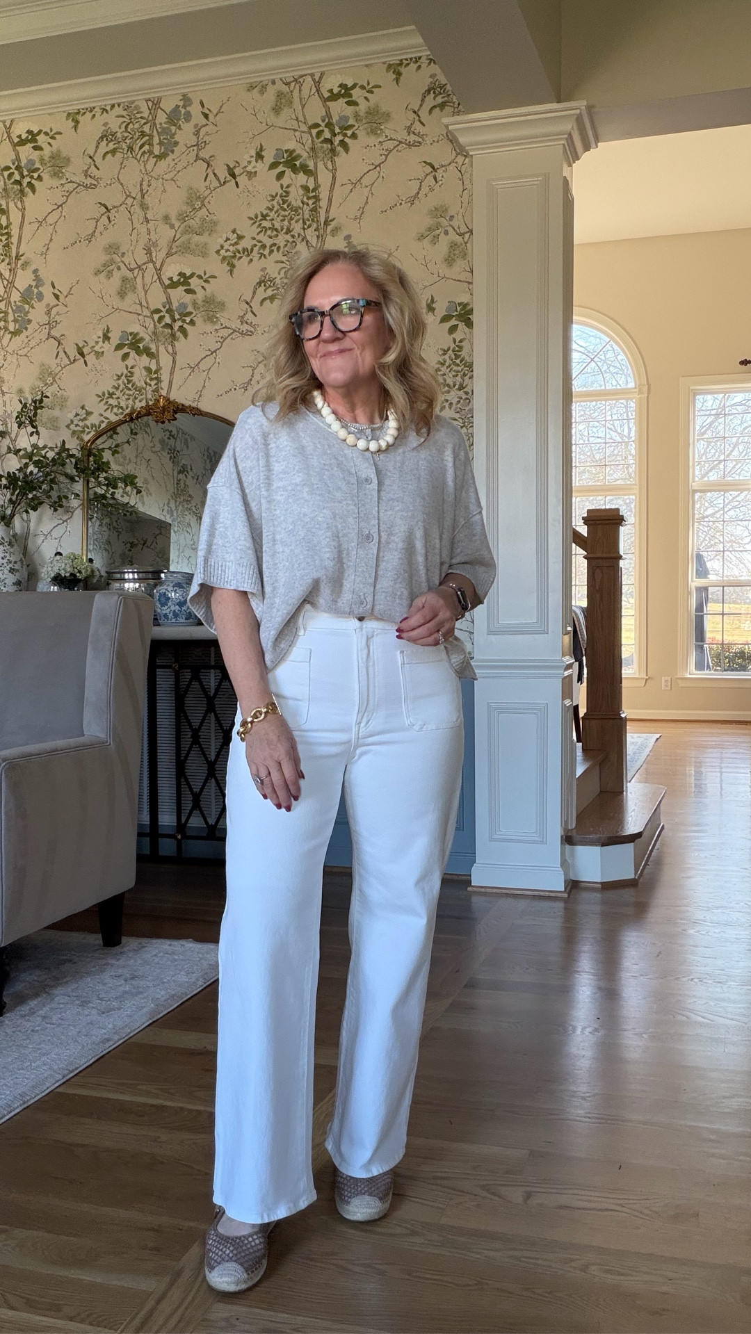 White jeans full length this is about perfect. Not to wide not to straight. Quite fitted but the denim is substantial enough to handle it. Size up if you want more relaxed fit. I’m wearing a 29 petite 
Cashmere cardigan that I’m wearing as a top. But you could layer a tee or blouse under it. 
Espadrilles are great quality and really comfy. I can wear them all day walking. 

White jeans vacation outfit spring break 


#LTKOver40 #LTKSeasonal #LTKPetite