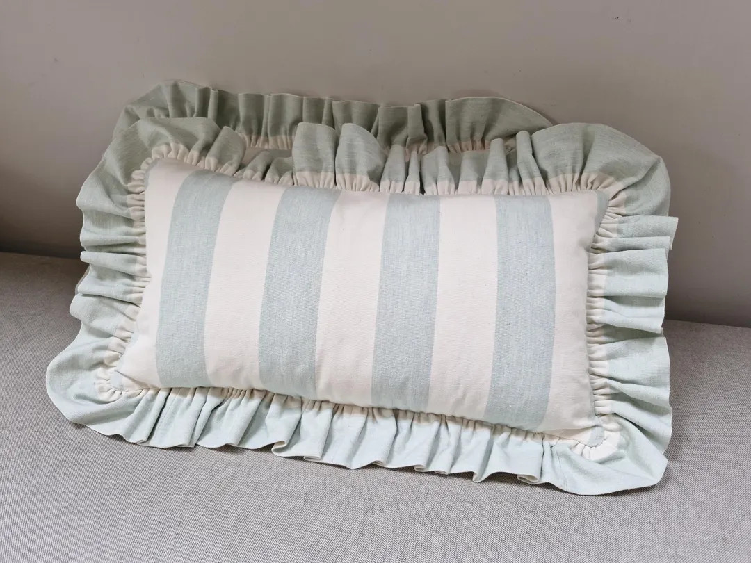 Mint and Ivory Stripe Lumbar Cushion With Ruffle/frill - Etsy | Etsy (US)