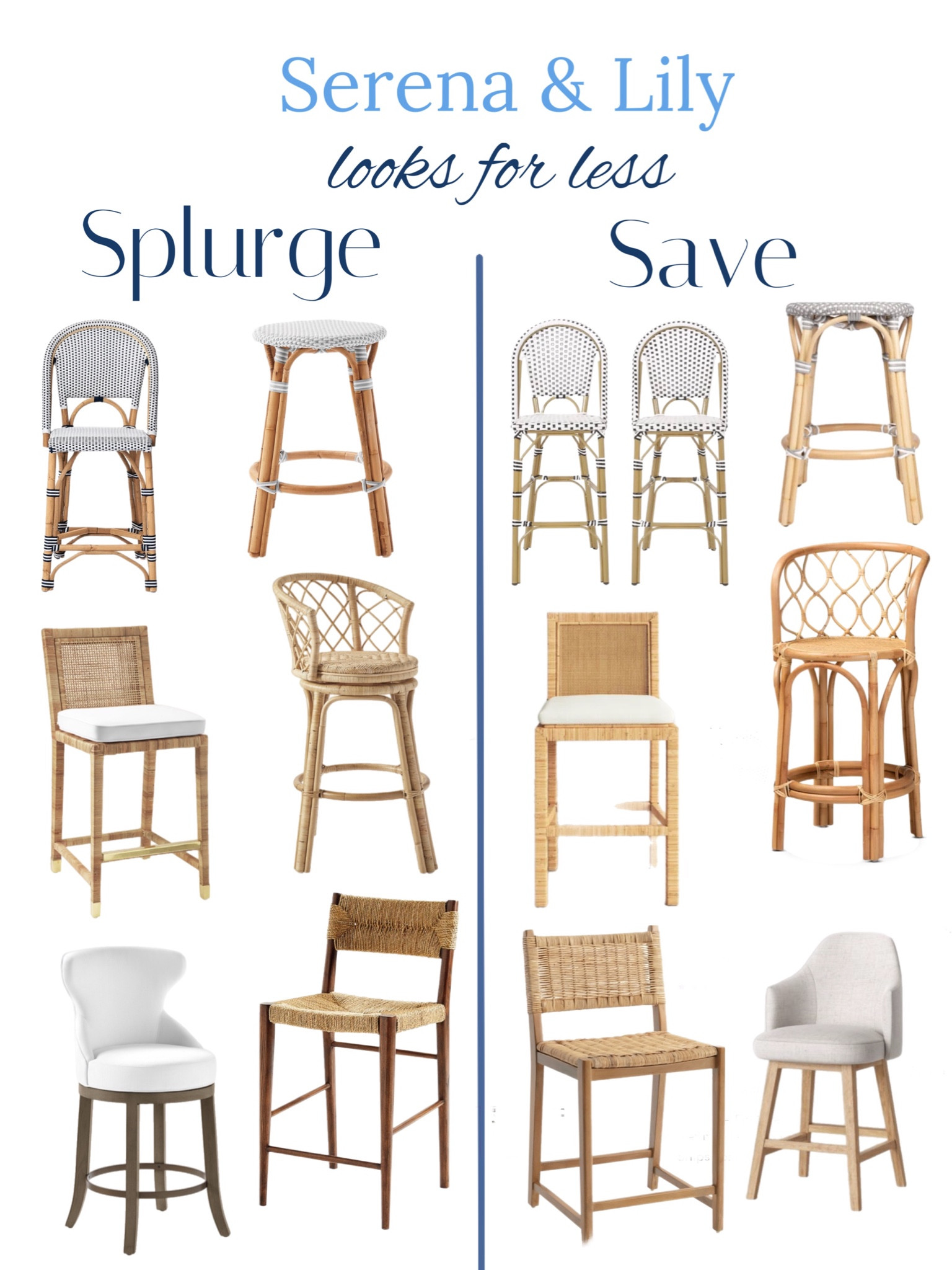 Save or splurge, Serena and lily counter stool looks for less.  #counterstool #serenaandlily #coastal