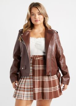 Plus Brown Faux Leather Belted Motorcycle Jacket | rue21