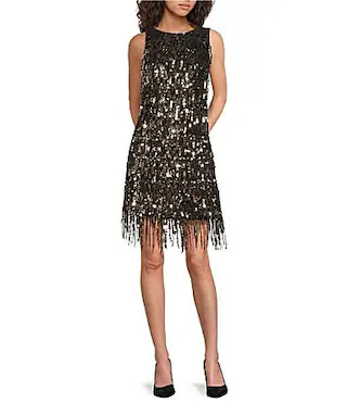 Trina Turk NiNi Sequin Round Neck Sleeveless Fringe Dress - 6 | Dillard's