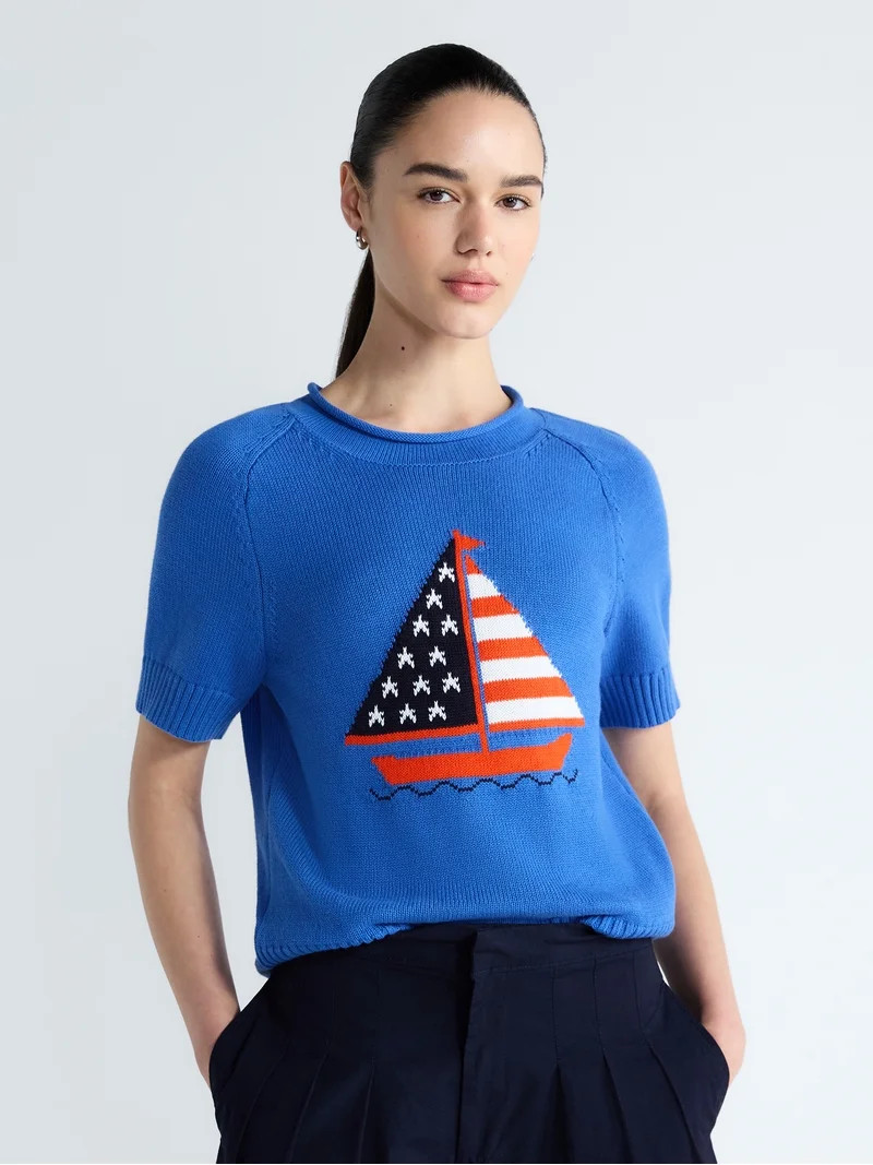 Free Assembly Women's and Women's Plus Roll Neck Cotton Sweater with Short Sleeves, Sizes XS-4X | Walmart (US)