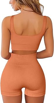 QINSEN Workout Sets for Women 2 Piece Seamless Ribbed Crop Tank High Waist Shorts Yoga Outfits | Amazon (US)
