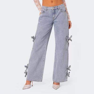 Women's Bow Tie Straight Leg Jeans Midi Rise Denim Pants with Side Bows and Pockets Light Blue S | Target